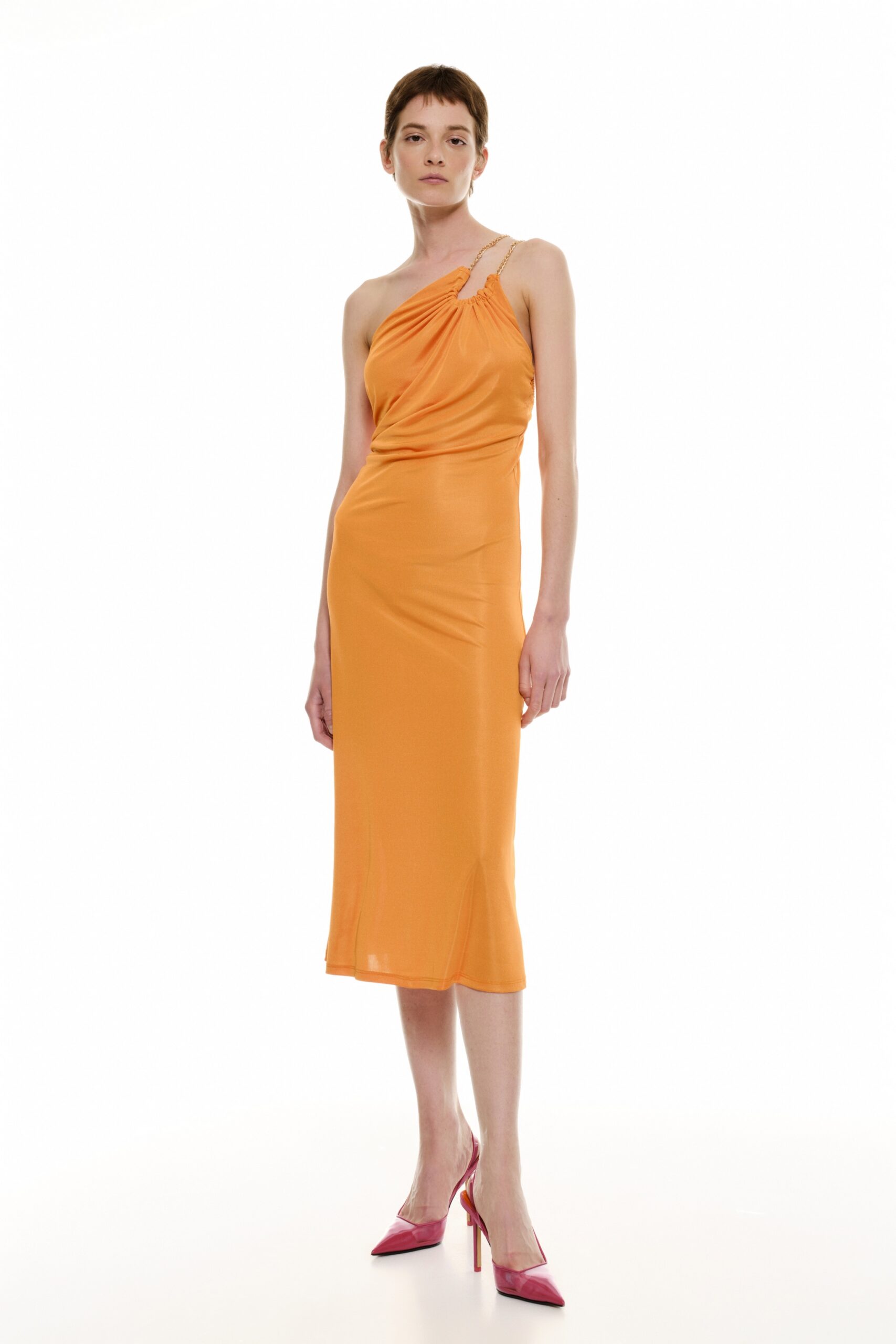 Orange one-shoulder-midi-dress- Le Club Elle